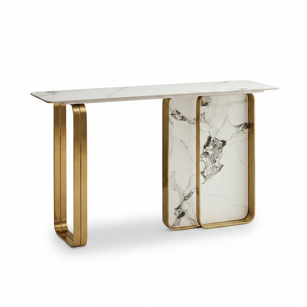 Gold Rounded-Frame Marble Console Table - Image 8