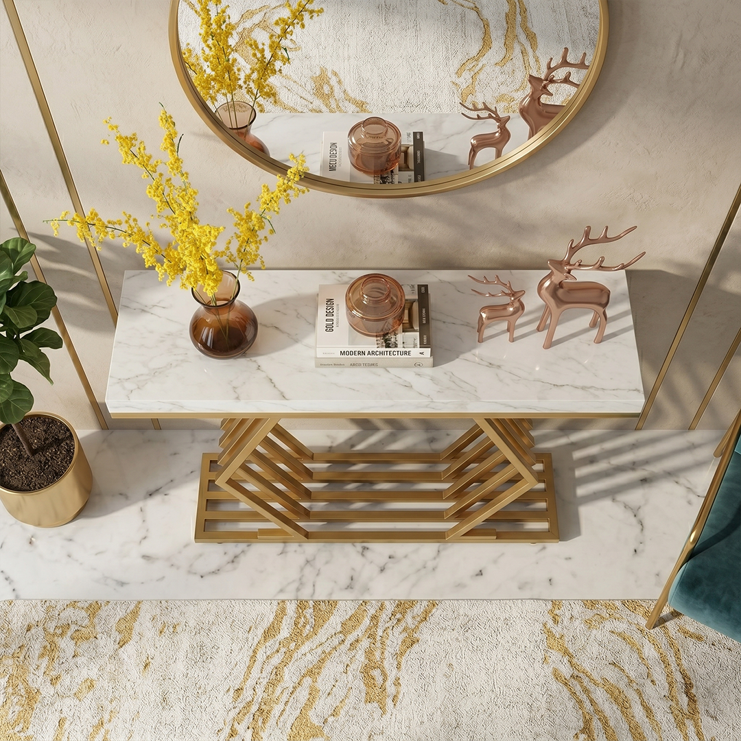 Modern Marble Top Console Table with Hexagonal Geometric Base - Image 6