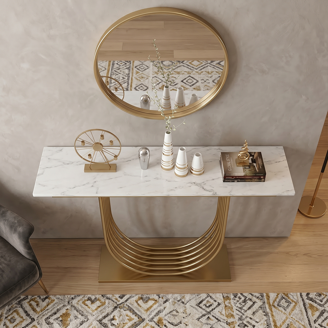 Modern Marble Top Console Table with U-Shaped Fluted Base - Image 3