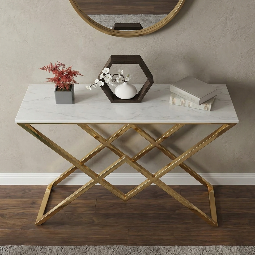 Modern Marble Top Console Table with Interlocking X-Shaped Geometric Base - Image 3