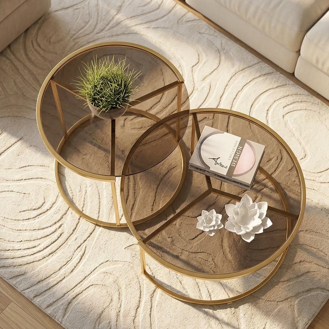 Luxury 2-Piece Round Nesting Coffee Table Set with Smoked Glass Top and Elegant Frame - Image 3