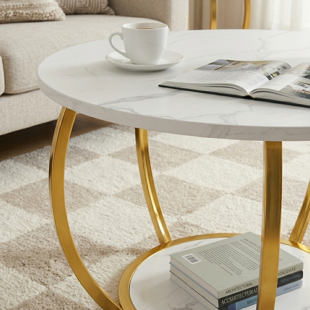 Luxury 2-Tier Round Coffee Table with White Marble Top and Curved Frame - Image 4