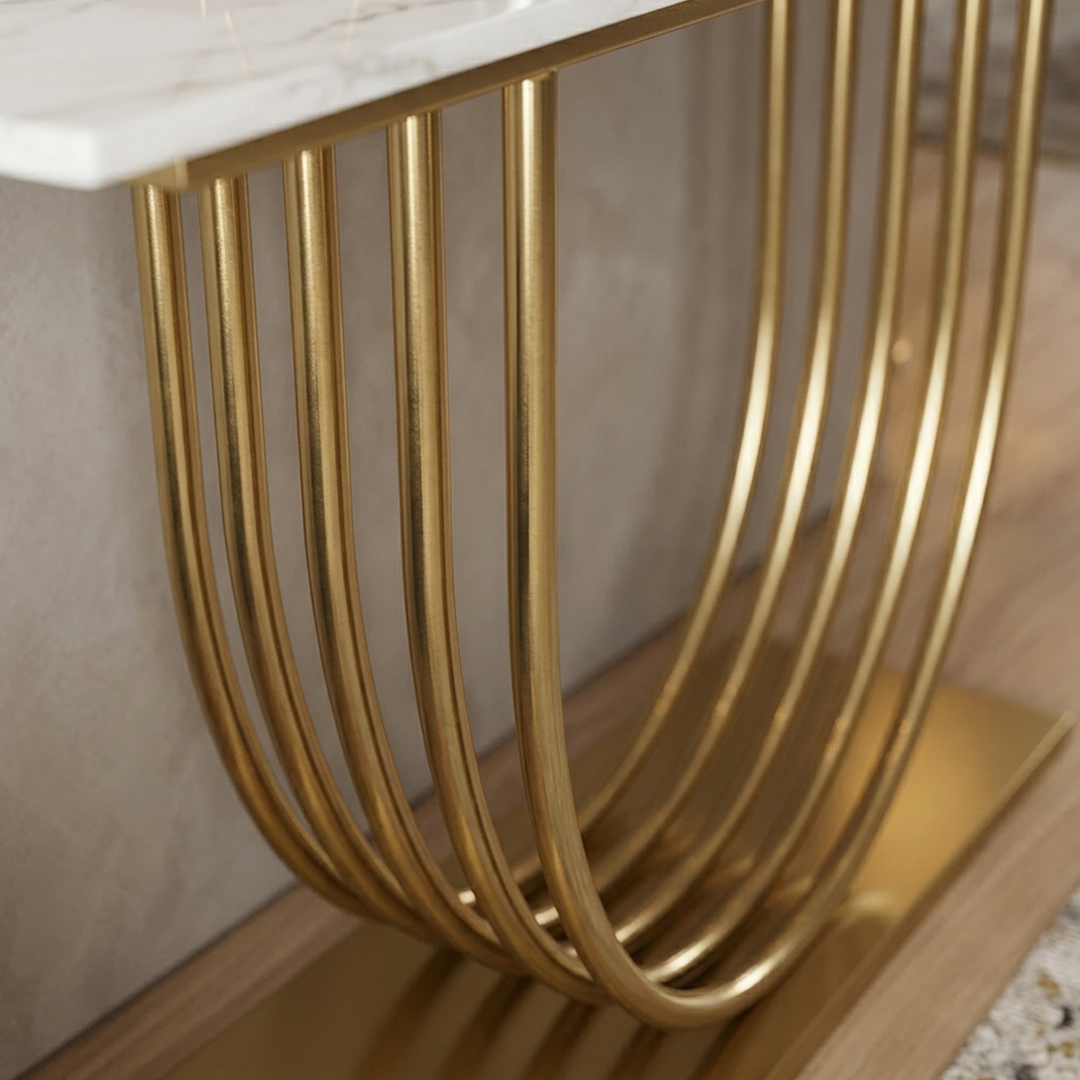 Modern Marble Top Console Table with U-Shaped Fluted Base - Image 4