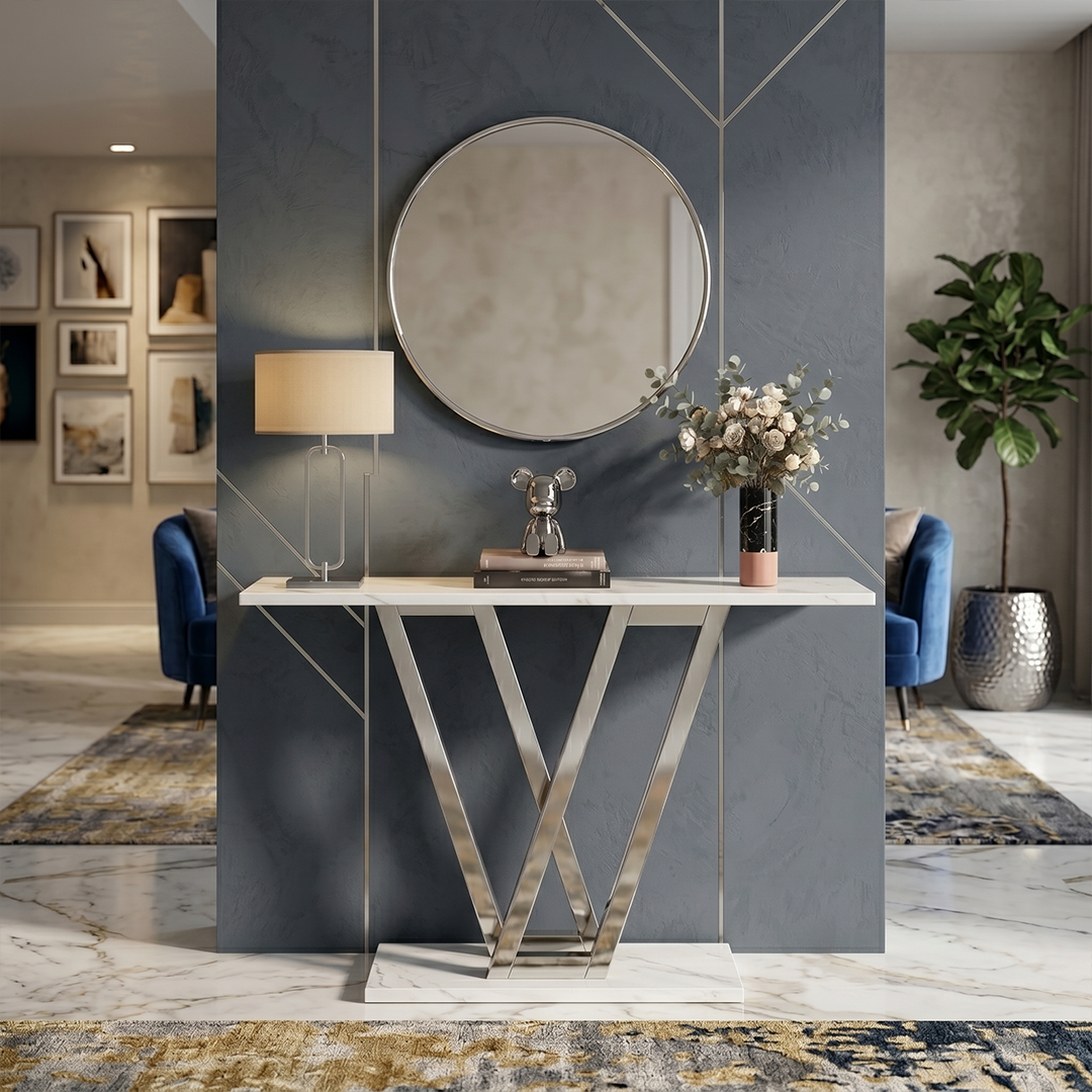 طاولة كونسول مودرن بسطح رخامي وقاعدة هندسية على شكل حرف V - الصورة 5