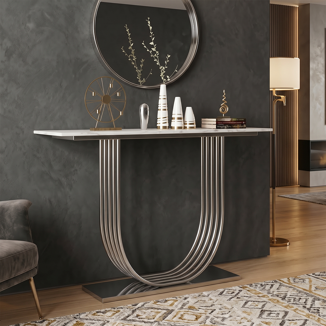 Modern Marble Top Console Table with U-Shaped Fluted Base - Image 5