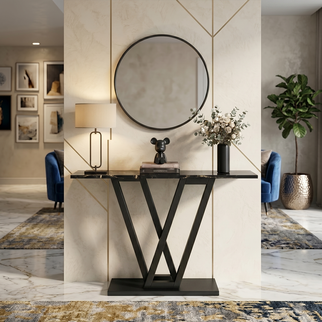 طاولة كونسول مودرن بسطح رخامي وقاعدة هندسية على شكل حرف V - الصورة 6