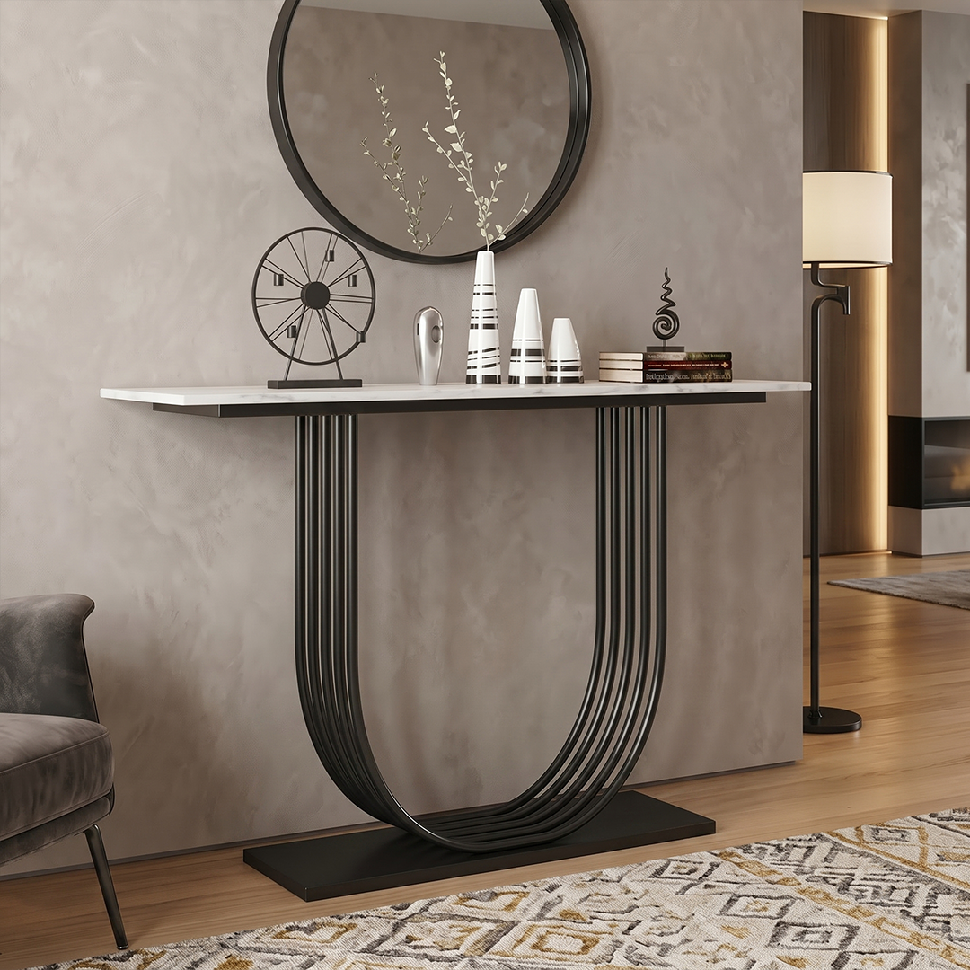 Modern Marble Top Console Table with U-Shaped Fluted Base - Image 6