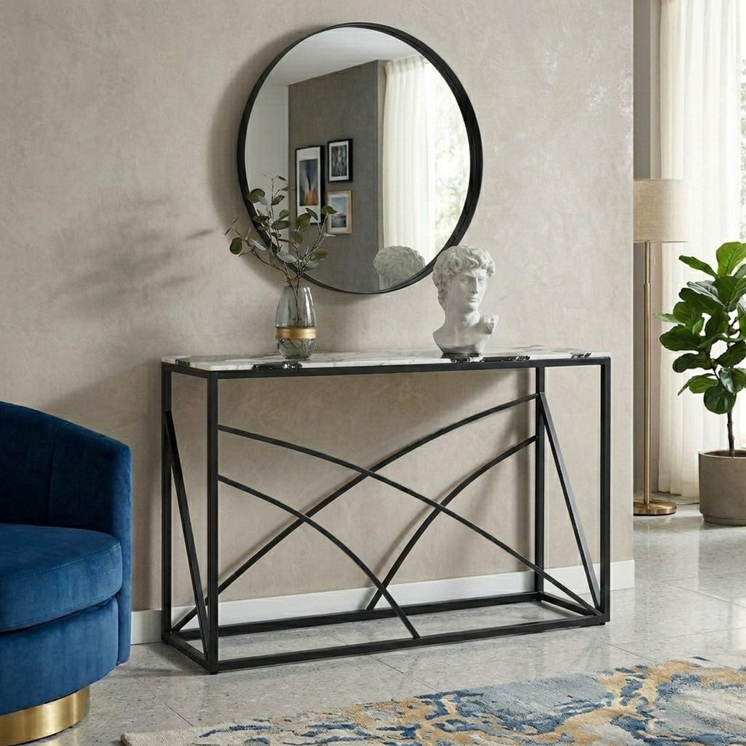 Modern Marble Top Console Table with Abstract Geometric Lattice Base - Image 6