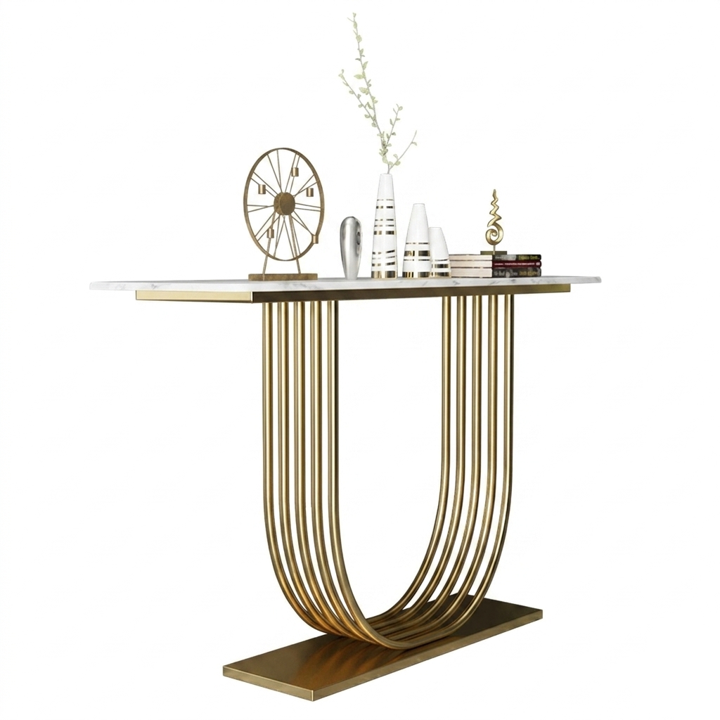 Modern Marble Top Console Table with U-Shaped Fluted Base - Image 7