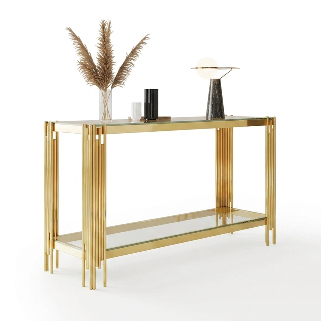 Modern Tempered Glass Console Table with Lower Shelf and Fluted Legs - Image 7