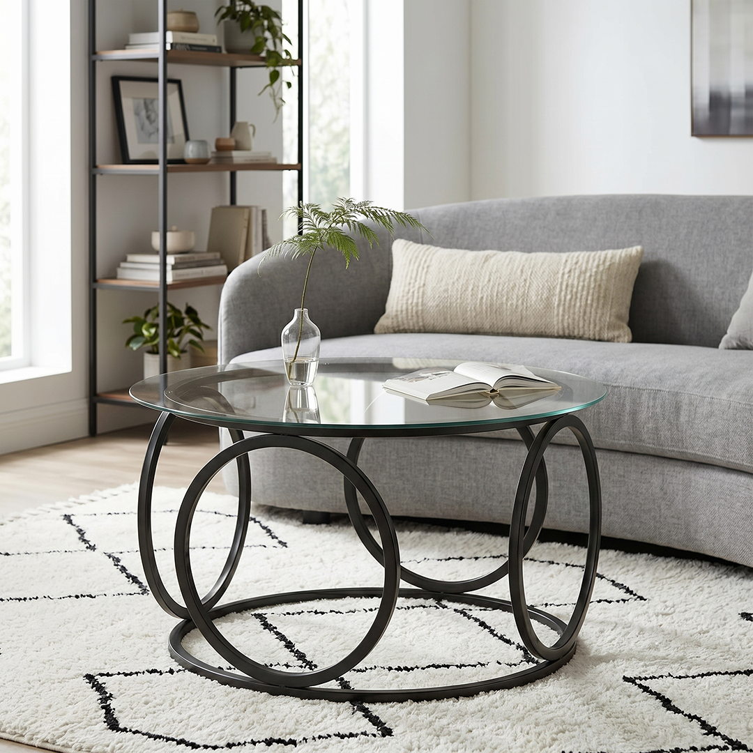 Elegant Round Glass Coffee Table with Intersecting Hoop Base - Image 7