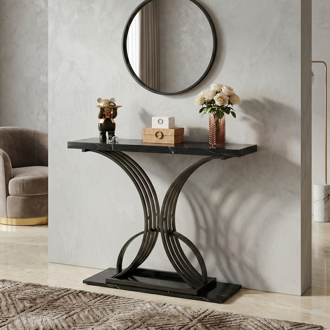 Modern Marble Top Console Table with Curved Intersecting Base - Image 8